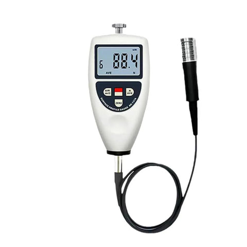 Pocket Size Surface Roughness Tester Meter With LCD Display Portable Digital Roughness Gauge Profilometer On The Go 0 To 750 Microns Range Inductive Surface Finish Tester For Quick Field And Workshop Measurements, shown front view with connected probe.