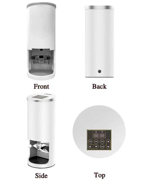 Top Shelf Professional Grade Electric Coffee Tamper for 58mm Commercial Espresso Machine, shown from front, back, side, and top angles.