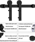 Heavy Duty Black Barn Door Hardware Kit For Five Foot Single Sliding Door Carbon Steel Track Rail J Shape Roller System Easy Install Supports Up To 277 Lbs For 35 Inch Closet Panel Wall Mounted Track Kit front view showing components.