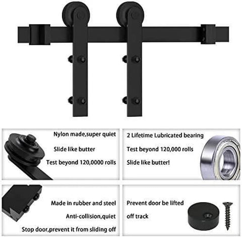 Heavy Duty Black Barn Door Hardware Kit For Five Foot Single Sliding Door Carbon Steel Track Rail J Shape Roller System Easy Install Supports Up To 277 Lbs For 35 Inch Closet Panel Wall Mounted Track Kit front view showing components.