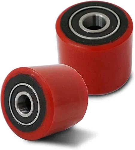 Pallet Jack Roller Wheels With Bearing, 3 Inch By 3 Point 7 Inch, 95A Red Polyurethane, Heavy Duty Replacement Pair For Manual Pallet Jack