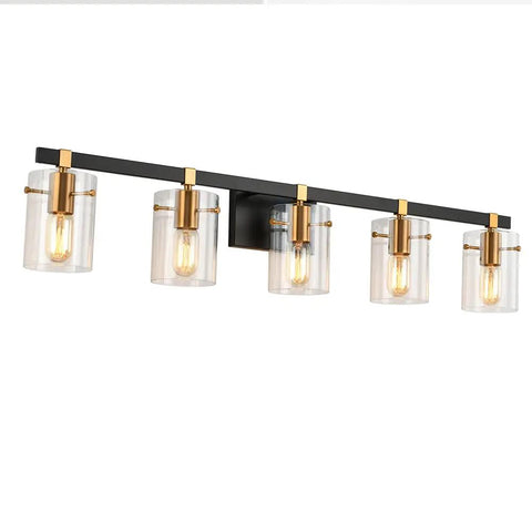 5-Light Industrial Style Bathroom Vanity Light Not Dimmable Fixture With Matte Black Finish Brushed Gold Accent Sockets