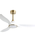 52 Inch Modern Ceiling Fan With Slick White And Gold Trim Hosting A Heavy Duty DC Motor That Pushes Sweet Cooling Airflow Quick While Delivering Zero Hassle Remote Operation Plus Soft Led Glow in white finish.