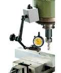 Dial gauge holder with magnetic base and metal fine-adjust arm, front view