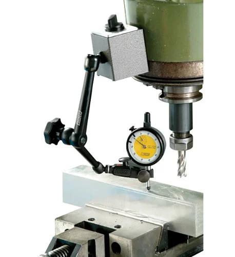 Dial gauge holder with magnetic base and metal fine-adjust arm, front view