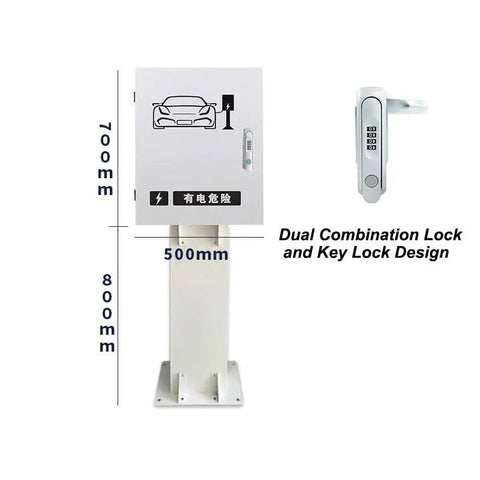 Universal EV Charger Station Cover With Drip Proof Weather Guard And No Fuss Cable Cleanup Plus Heavy Duty Combo Lock for secure storage, showing dimensions.
