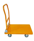 Heavy Duty Platform Cart With Foldable Flatbed Hand Truck, Utility Wagon, 770 Lb Capacity, Steel Frame, Space Saving Foldaway Design for Moving Boxes, Appliances, and Heavy Gear at Home or Job Site, orange steel cart side view