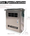Tough As Nails Rock Solid Waterproof Stainless Steel EV Charger Box Cover With Key Lock and Wall Mount, showing size specs.
