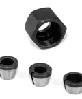 Six Piece Router Bit Collet Chuck Set with 6mm, 6.35mm, and 8mm collets and nuts, carbon steel, for drills and routers