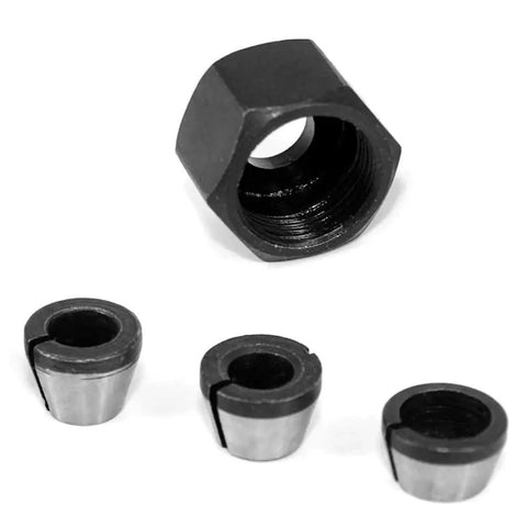 Six Piece Router Bit Collet Chuck Set with 6mm, 6.35mm, and 8mm collets and nuts, carbon steel, for drills and routers