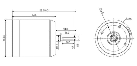 Technical diagram of Offroad 6374 Electric Skateboard Motor 3500W 190KV BLDC Outrunner with dimensions and mounting details.