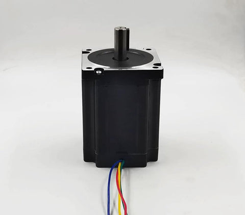 Front view of black Nema 34 stepper motor with silver mounting flange, protruding shaft and colored wires.
