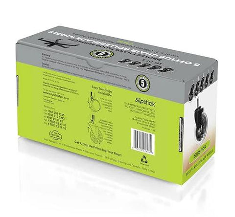 Side view of Slipstick Premium Rubber Office Chair Caster Wheels box, set of 5, 3-inch wheels, 7/16-inch stem.