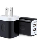 Dual USB Wall Charger Fast Charge Block Two Port Power Cube 2.1A Total For iPhone iPad Samsung Galaxy Pixel Motorola Huawei HTC LG And More On The Go 100 240V With Overcharge Protection, black and white design.
