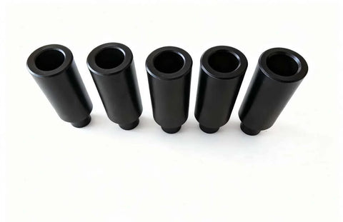 Riser Fixture Pins 10 Pack Nitrided Steel 2 Inch Height Five Eighths Inch Bottom Diameter 1 Inch Top Diameter Locator Pins For Five Eighths Inch Holes On Welding Tables Heat Treated To 550 Vickers With Case Depth 0.0004 To 0.0008, set of five pins lined up.