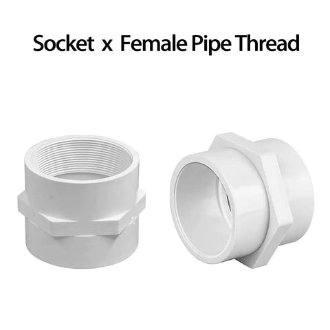 Two One And One Quarter Inch PVC Pipe Fitting Adapter Union Couplings, Slip Socket to NPT Female Thread, White, for DIY Plumbing