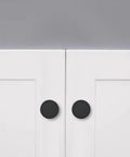 Matte Black Cabinet Knob Set Five Pack For Kitchen Drawers And Furniture Doors installed on white cabinets