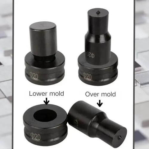 Pro Grade 30 Piece Round Hole Punch Die Set for Hydraulic Punch Tool shown with molds, ideal for steel, aluminum, copper punching