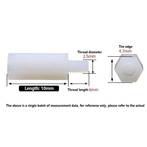 M2.5 Nylon Hex Standoff And PCB Spacer 100 Piece Pack White 94V2 Flame Resistant Electronic hardware dimensions measuring 10mm length, 2.5mm diameter.
