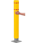 Heavy Duty Reflective Bollard Sleeve Six Inches Wide By Fifty Two Tall Dang Tough Thick Hdpe Guard with hand on bright yellow finish.