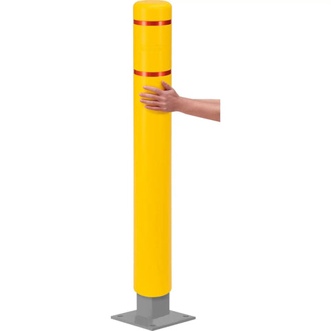 Heavy Duty Reflective Bollard Sleeve Six Inches Wide By Fifty Two Tall Dang Tough Thick Hdpe Guard with hand on bright yellow finish.