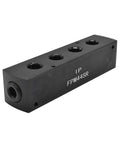 Aluminum Rectangle Pencil Pneumatic Manifold With One Inlet To Four Outlets Three Eighths NPT Inlet And One Quarter NPT Outlets Black Anodized Five Inch Long With Four Mounting Holes