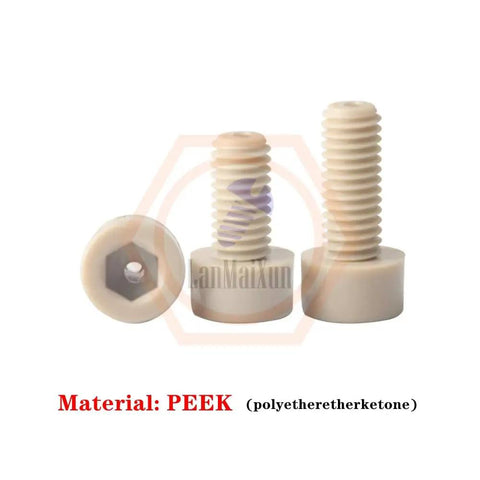 5 Pack M3 X 6mm X 1.2mm PEEK Socket Cap Hollow Screws showing three threaded fasteners for high temperature applications.
