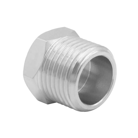 Nickel-plated brass reducer pipe fitting with 1/2 G male to 3/8 compression female, close-up view