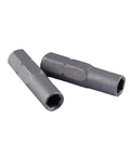 Two metallic adapters from 3 Pack Quarter Inch To Micro 6.35mm Hex Socket Screwdriver Bit Adapters, 25mm Long, on a white background.