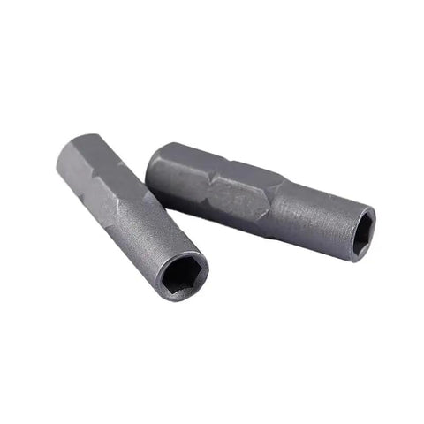 Two metallic adapters from 3 Pack Quarter Inch To Micro 6.35mm Hex Socket Screwdriver Bit Adapters, 25mm Long, on a white background.