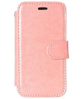 Pink leather smartphone wallet case with magnetic clasp, showing front view cover and stitch detailing.