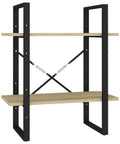 Two shelves of the Five Shelf Bookcase In Sonoma Oak With Sturdy Metal Frame, Engineered Wood Library Shelf Unit For Books And Decor