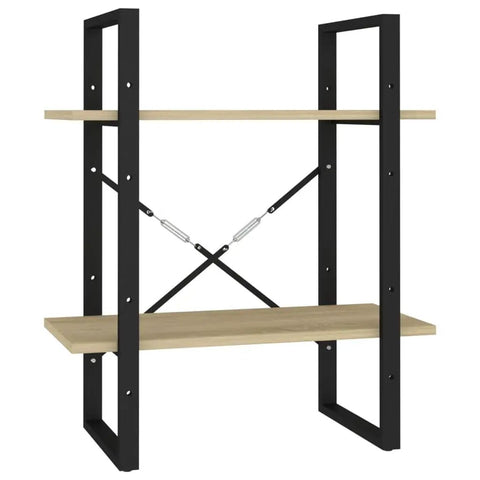 Two shelves of the Five Shelf Bookcase In Sonoma Oak With Sturdy Metal Frame, Engineered Wood Library Shelf Unit For Books And Decor