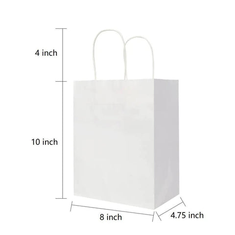 Medium White Kraft Paper Bags With Handles 8x4.75x10 Inches Bulk Pack Of 100 for party favors and gifts.