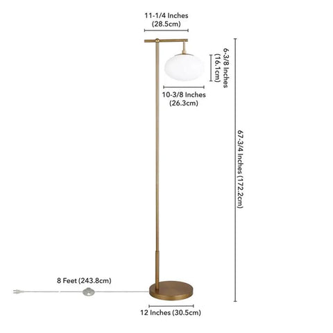 Go To 68 Inch Tall Arc Floor Lamp With Glass Shade In Brushed Brass And Milk White, dimensions shown in inches and centimeters.