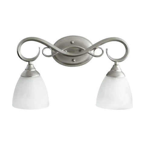 Powell Collection Transitional Two Light Vanity in Pewter Nickel Silver Finish with elegant curved design and white glass shades