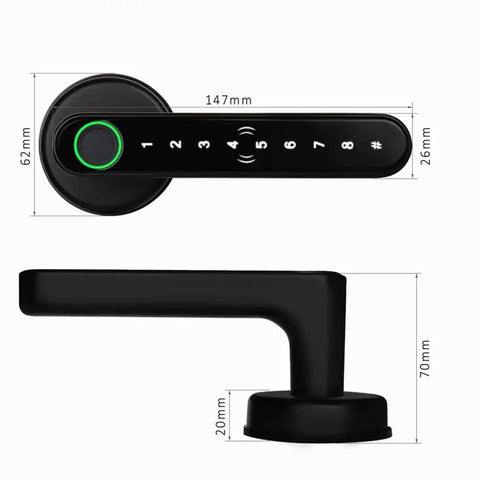 Top and side view of Smart Fingerprint Door Lock With Five Entry Methods Including Anti Peep Passcode IC Cards App And Physical Key