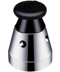 Pressure cooker relief valve, stainless steel body with black top knob and vent holes (front view)