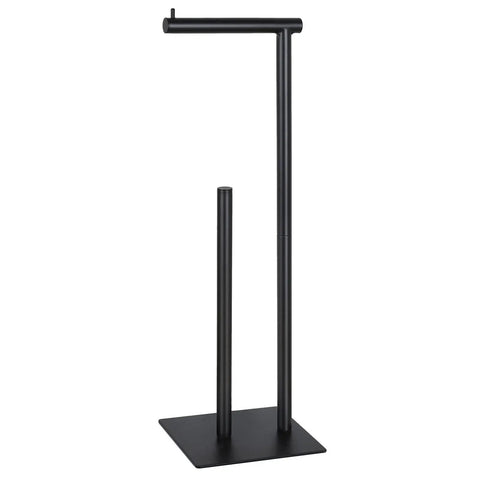 Set Of 2 Freestanding Toilet Paper Holder Stands With Built In Storage For Bathroom Black Finish Minimalist Design Easy Access Tissue Roll Dispensers Rust Resistant Iron, showing one stand with vertical and horizontal rods, black finish, iron material.