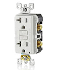 Killer Slim GFCI Weather And Tamper Resistant Outlet 20 Amp showing front view with two outlets and wiring terminals.