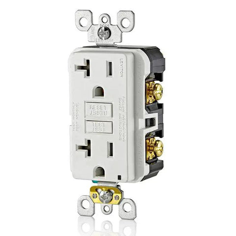 Killer Slim GFCI Weather And Tamper Resistant Outlet 20 Amp showing front view with two outlets and wiring terminals.