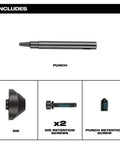 Included components of Punch And Die Set 48-44-0272 for M12 FUEL 16 Gauge Nibbler: punch, die, two die retention screws, punch retention screw.