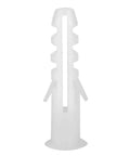 Plastic wall anchor for secure mounting, visible in white, with ribbed body for stability, used for drywall installations.