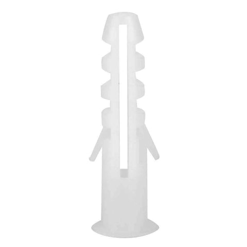 Plastic wall anchor for secure mounting, visible in white, with ribbed body for stability, used for drywall installations.