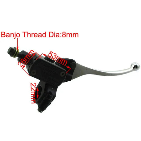 Black 8mm Banjo Front Right Hydraulic Brake Master Cylinder for Pit Dirt Bike and ATV Taotao DB14, side view with measurements
