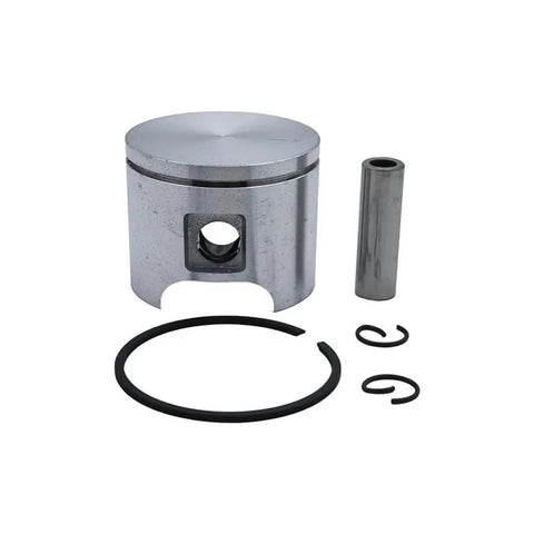 Thinking Process: silver steel piston ring set with wrist pin on white background for engine rebuild