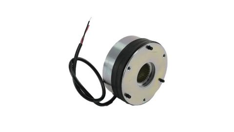 Electro-magnetic brake for forklift, round metal housing with attached wiring, front view