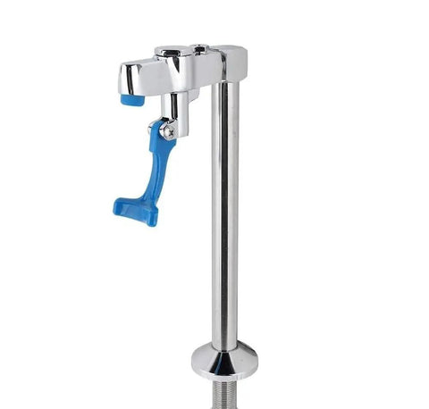 Stainless Steel Deck Mount Water Station Pedestal For Glass Filling, Push Back Cup Filler, blue handle, side view