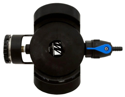 Waterway pressure relief valve assembly, front view; black body with blue lever, Crystal Water color.