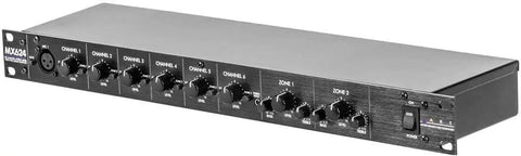 Six Channel Stereo Rack Mount Mixer With Dual Zone Outputs, front view with knobs for easy channel routing and flexible inputs.